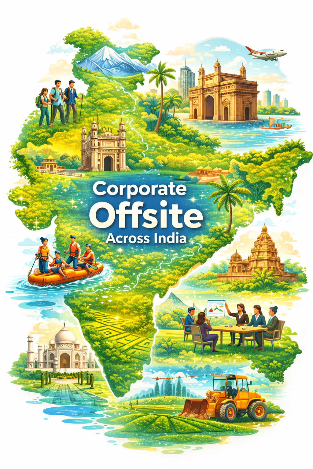 Corporate offsite experiences across India — illustrated map of destinations and activities