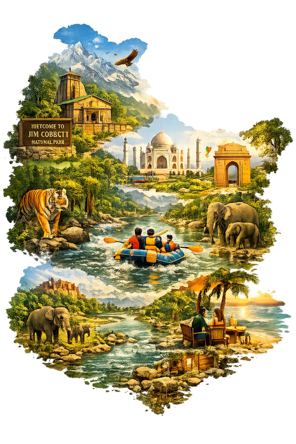 Illustrated visual for a two-day corporate offsite in Jim Corbett — jungle, wildlife and team retreat themes