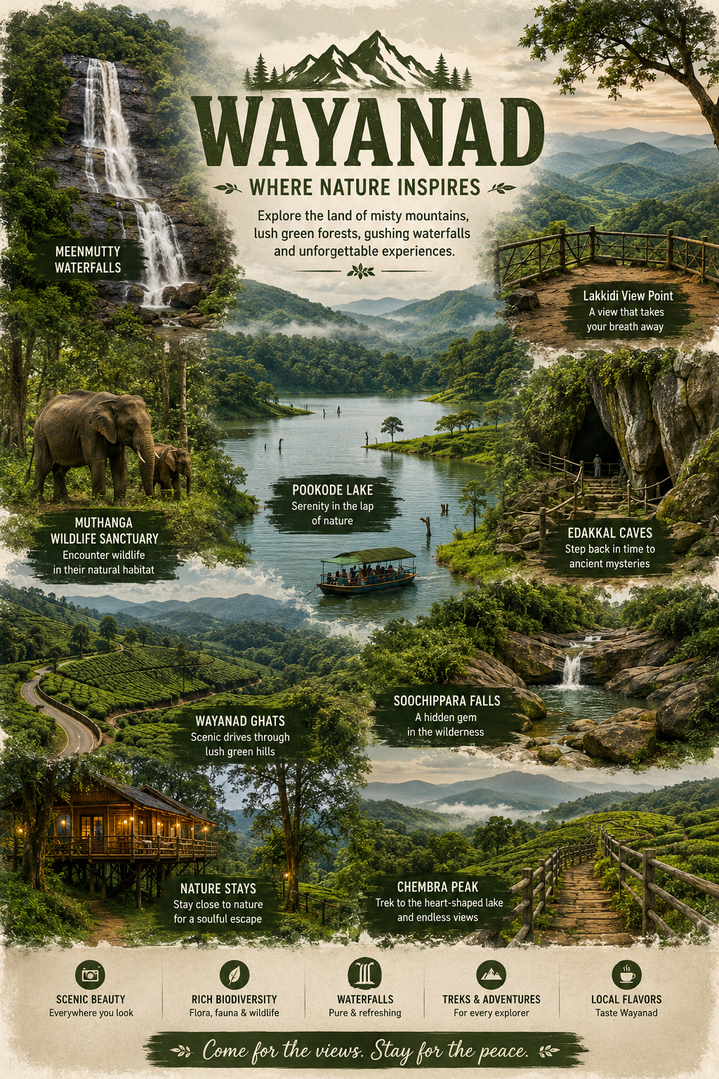 Wayanad destination poster — landmarks, nature and experiences for a two-day corporate offsite