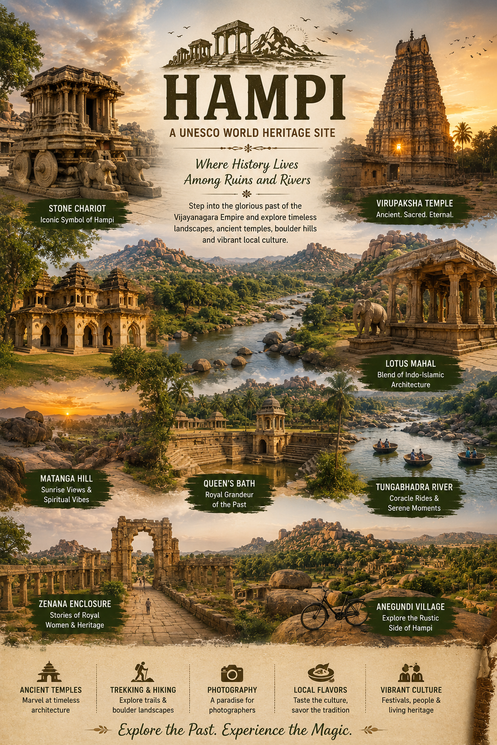 Hampi UNESCO destination poster — landmarks, heritage and two-day corporate offsite context