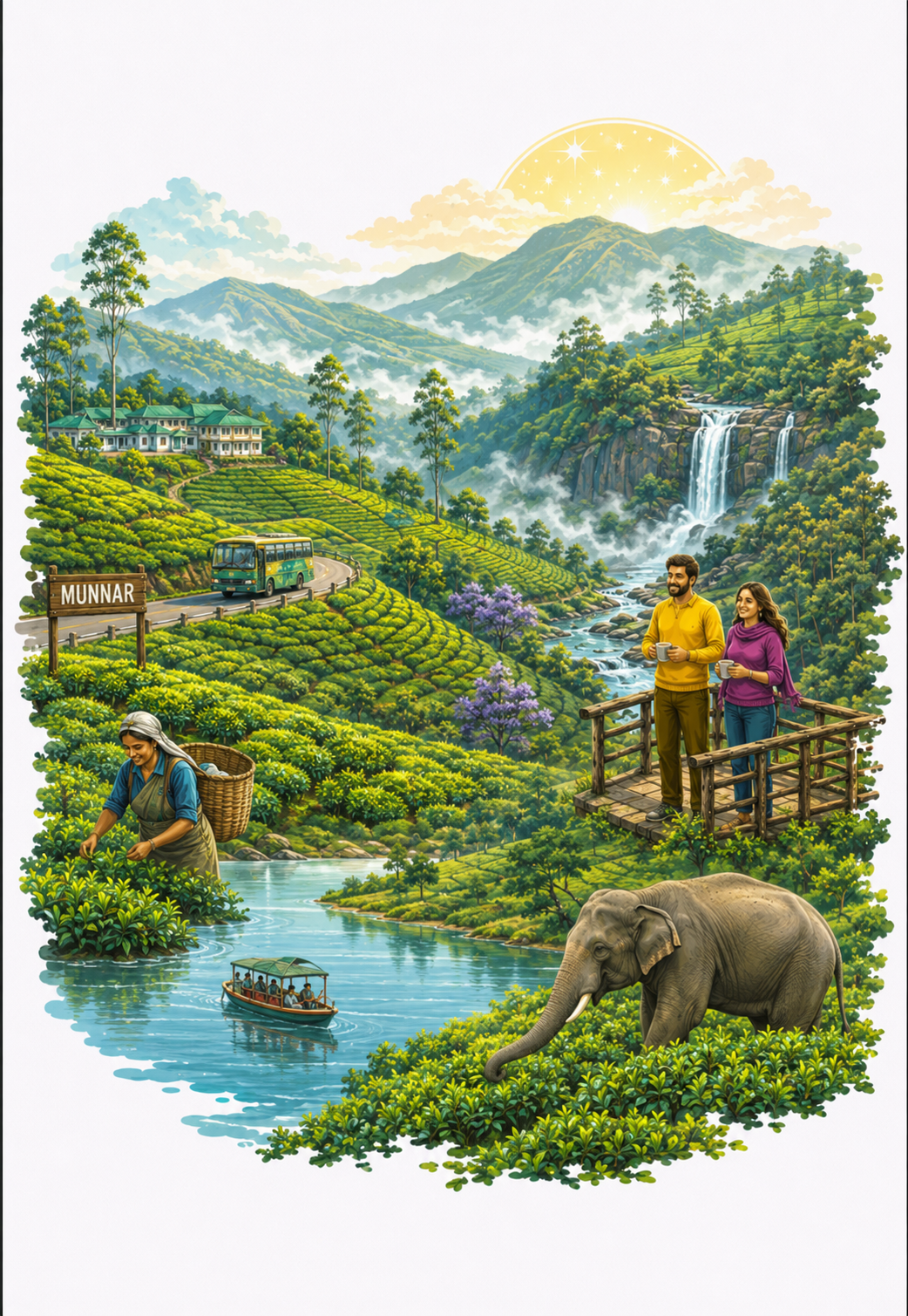 Munnar destination poster — tea plantations and two-day corporate offsite context