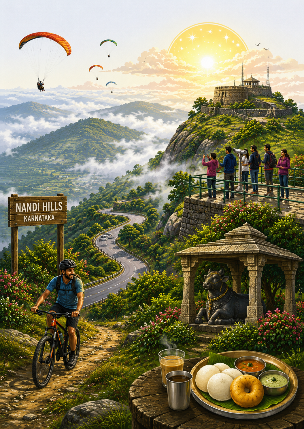 Nandi Hills illustrated destination map — sunrise hills, cycling, Nandi statue and experiences for a two-day corporate offsite