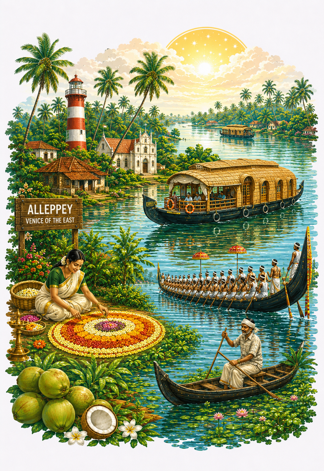 Alleppey backwater destination poster — houseboats, snake boats and two-day corporate offsite context