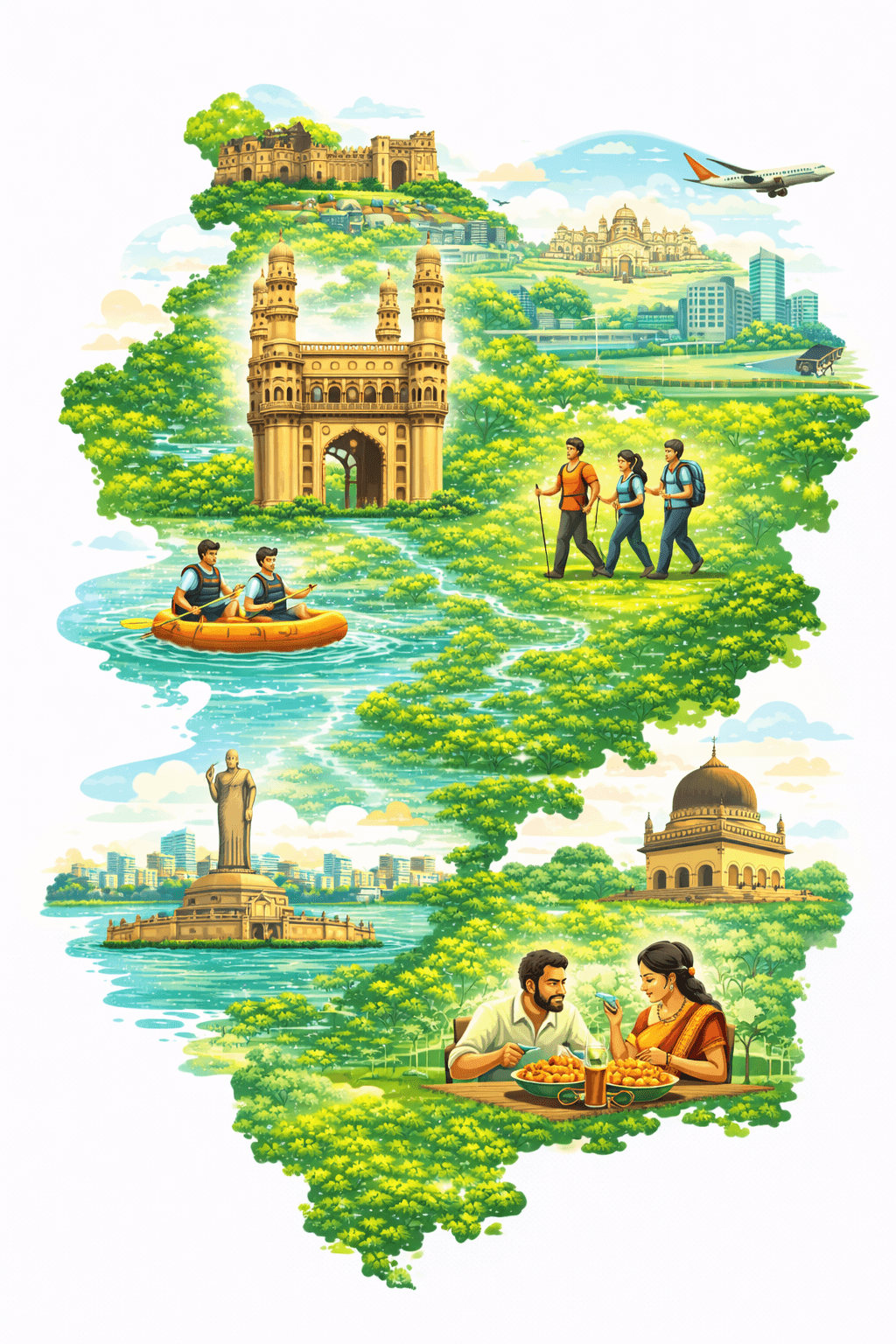Illustrated Hyderabad offsite collage — Charminar, Golconda Fort, lakeside activities and modern Hyderabad