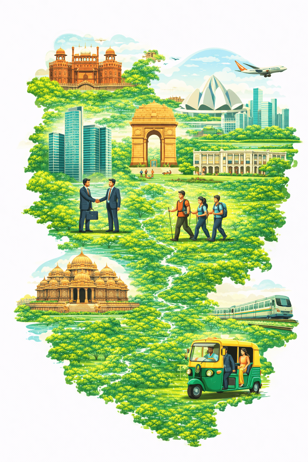 Illustrated Delhi NCR offsite collage — India Gate, business hubs, heritage sites and team experiences