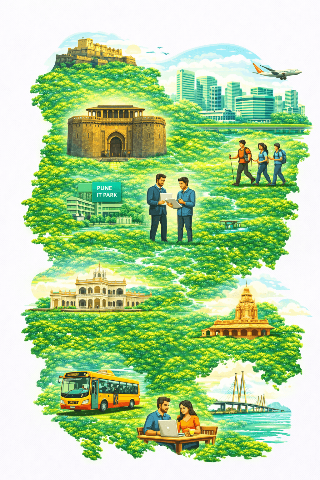 Illustrated Pune corporate offsite collage — heritage forts, IT hubs, nature and team experiences