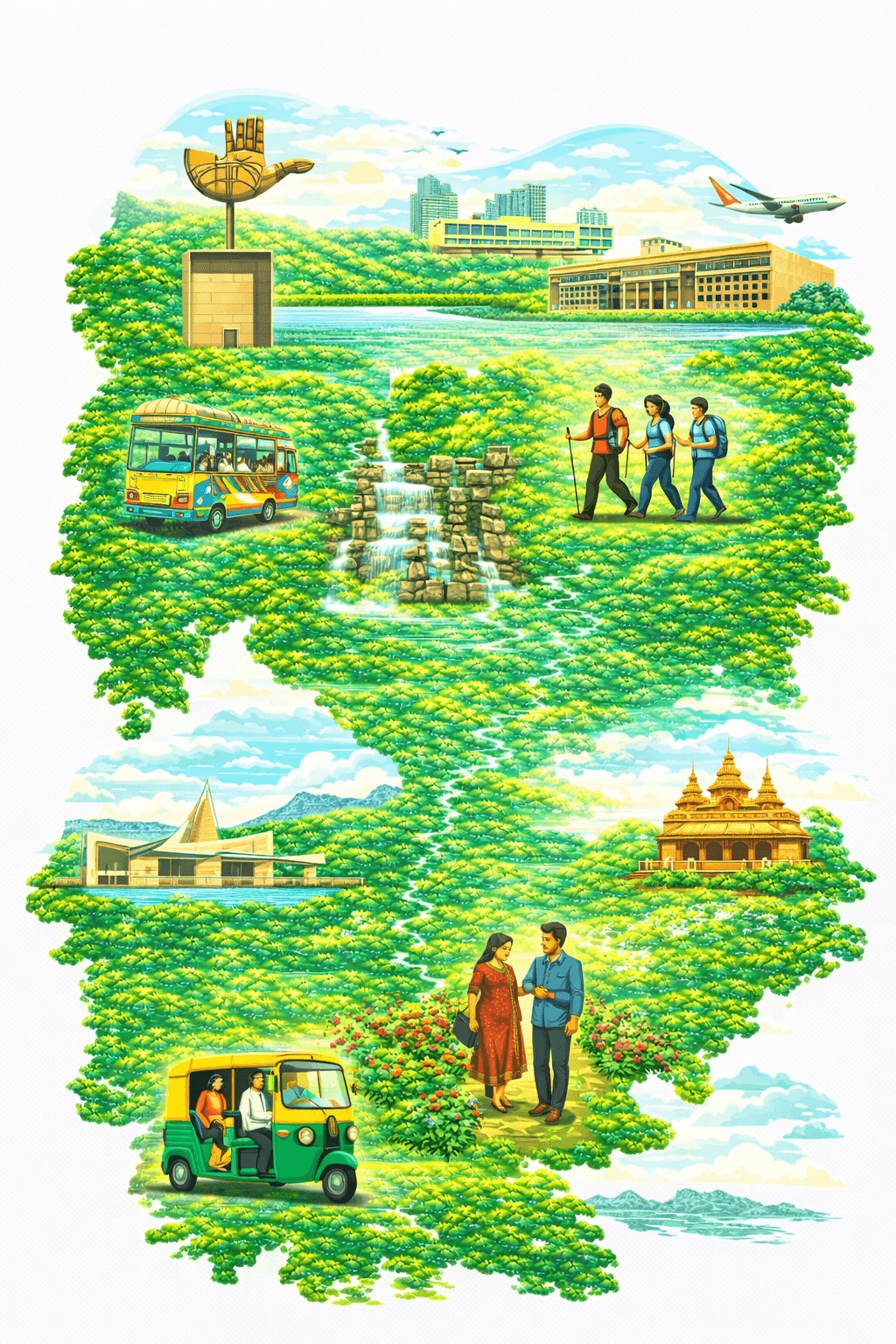 Illustrated Chandigarh corporate offsite collage — planned city landmarks, Sukhna Lake, gardens and hill-country experiences