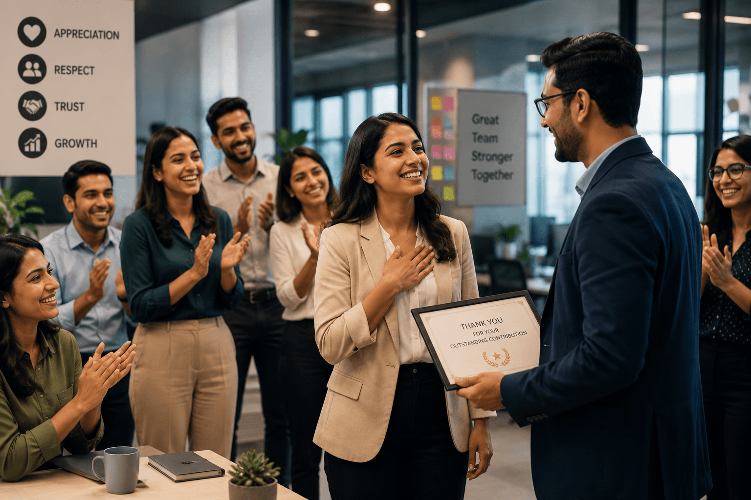 Employee receiving a framed award during a workplace appreciation moment